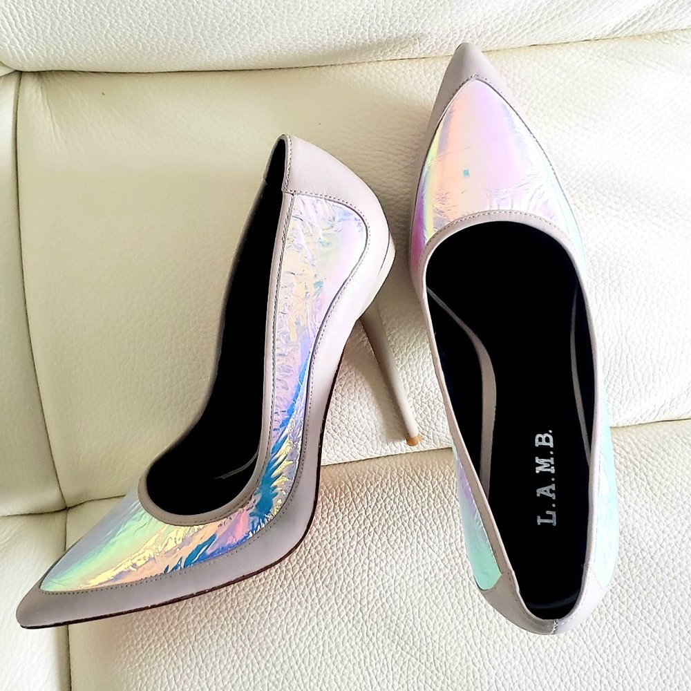 L.A.M.B.  Gwen Stefani Gray Leather Iridescent Heels, Size 8.5M - Picture 4 of 5